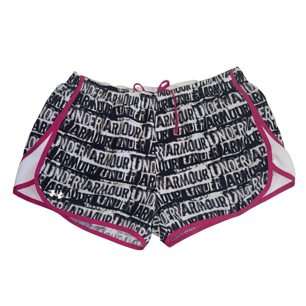 Under Armour Spellout Allover Print Semi-Fitted
Running Shorts Pink B & W LG